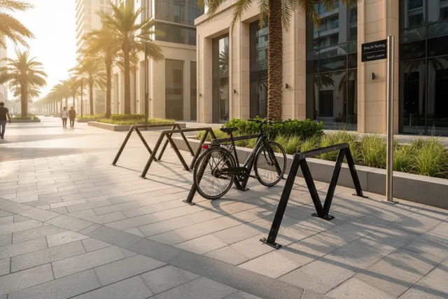 Velohawk Motu outdoor bike racks on a Dubai street with palm trees
