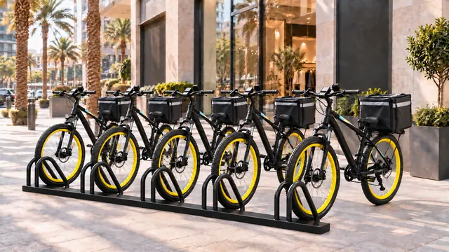 Velohawk Urban Rack bike parking holding bikes outside a Dubai retail entrance