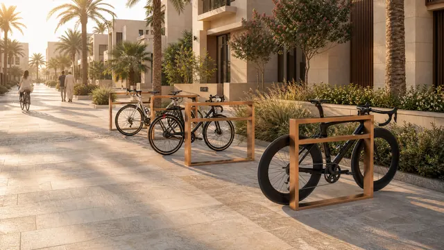Velohawk Urban Rack bike parking in a copper finish on a UAE residential street